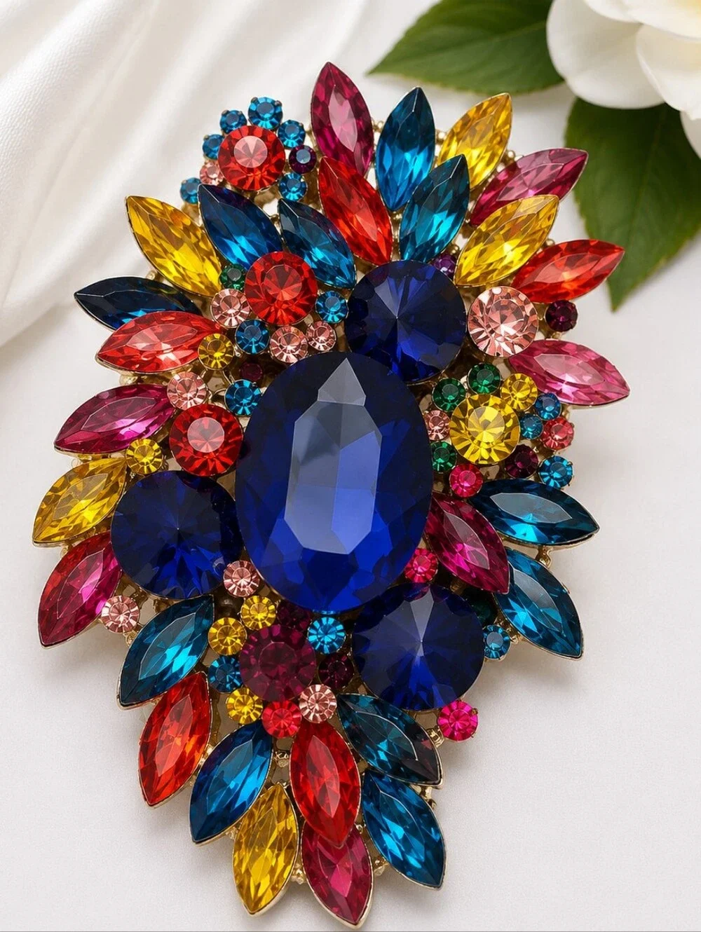 Multicolor Crystal Statement Brooch Pin | Blue Center Stone | Gold Tone